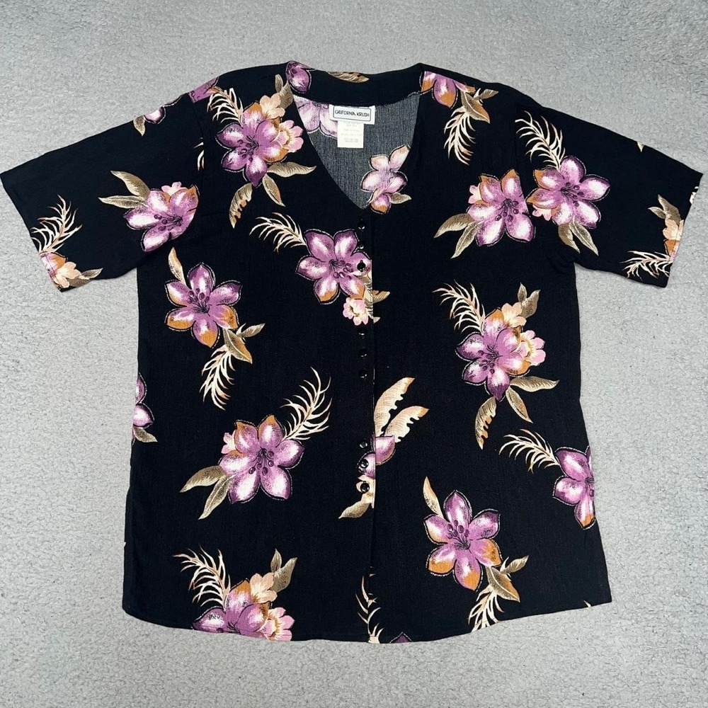 VTG California Krush Blouse Women Sz M Black Floral V Neck Hawaiian Made In USA